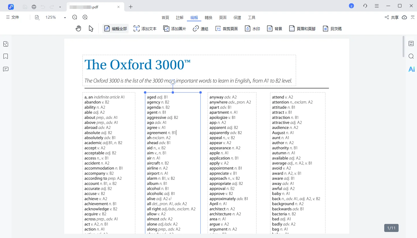在藍色框內編輯PDF