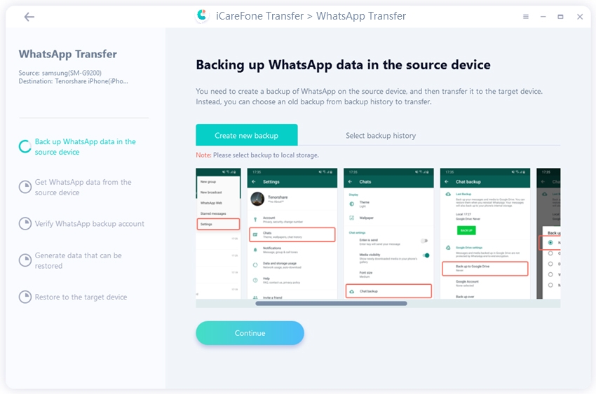 whatsapp from android to iphone - create backup