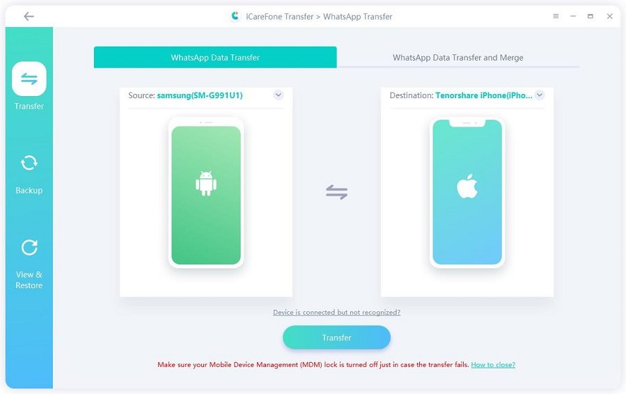 move whatsapp from android to iphone - connect two devices - iCareFone Transfer(iCareFone for WhatsApp Transfer)