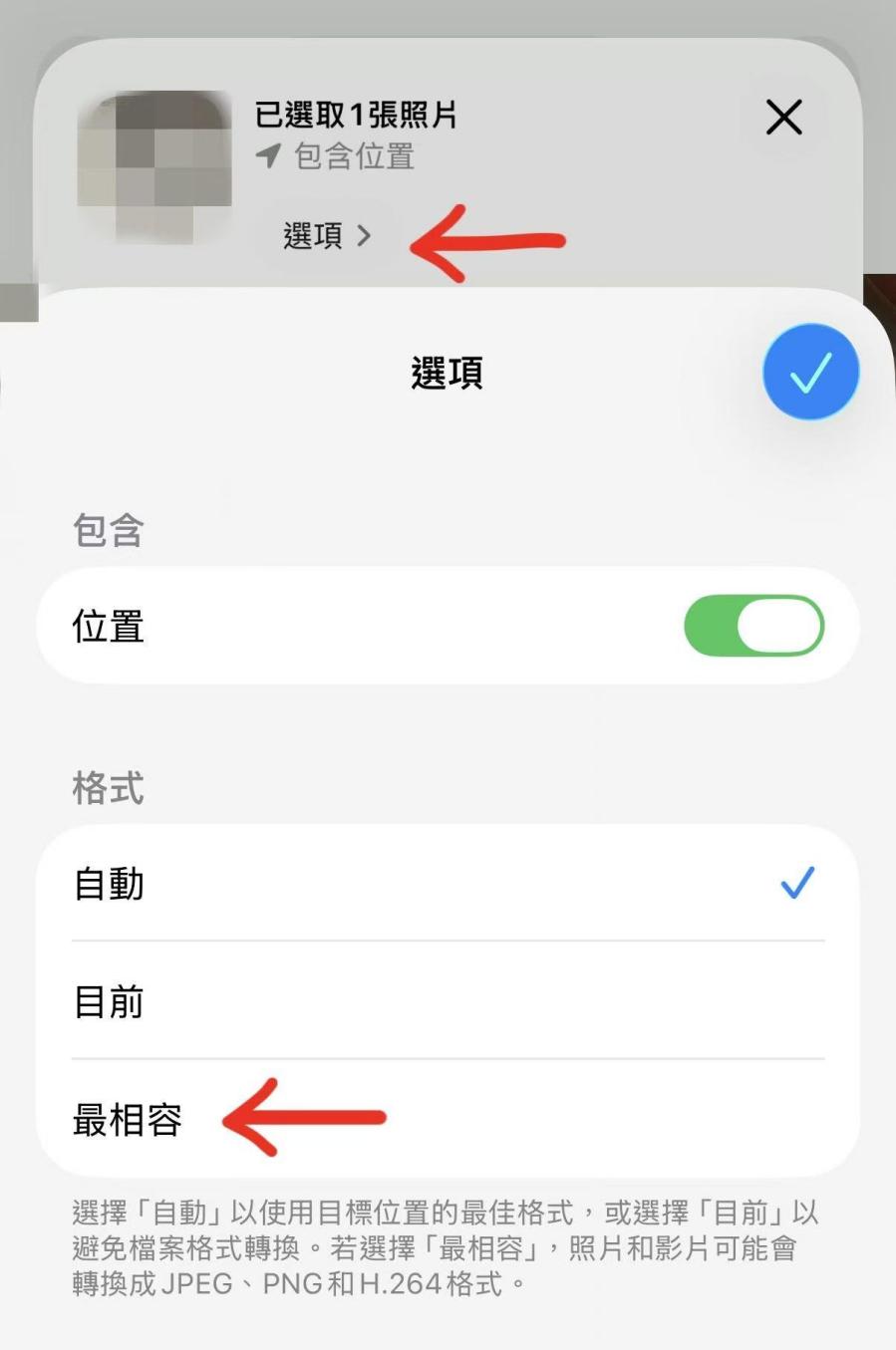 iPhone 分享選項選擇最相容格式轉 JPG