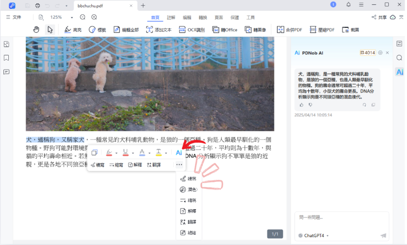 使用PDNob PDF AI功能,為文字潤色