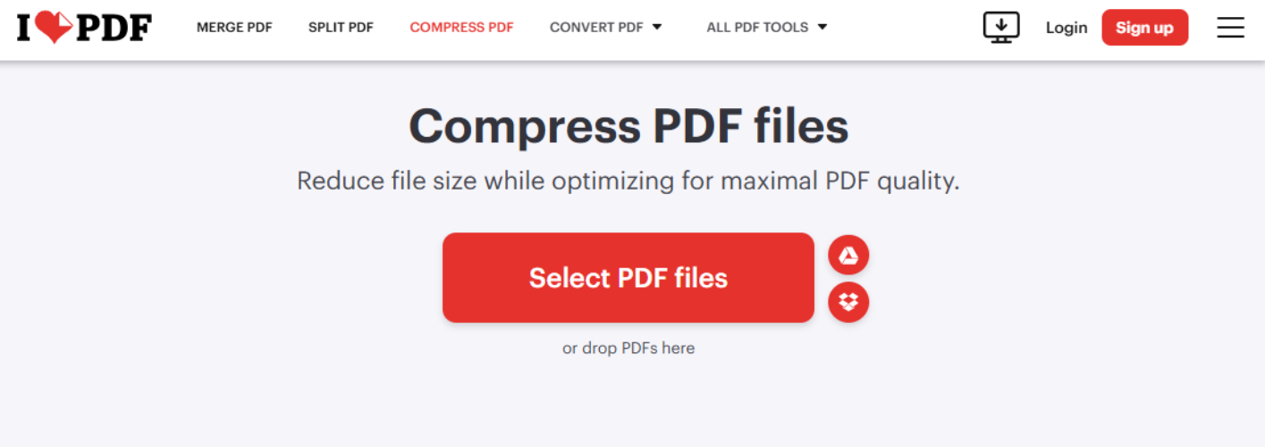 iLovePDF 線上壓縮 PDF 工具界面