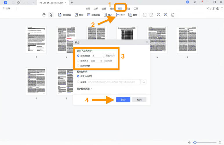 使用PDNob PDF Editor頁面管理,並設定拆分的方式