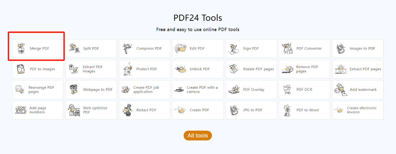 訪問PDF24官網的「Merge PDF」工具