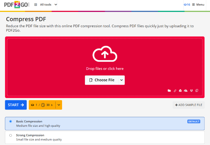 PDF2GO 線上壓縮功能版面