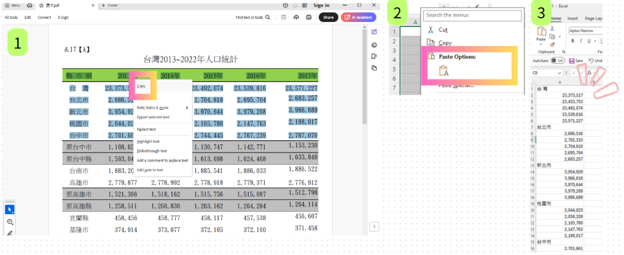 Adobe Acrobat copy text to excel file