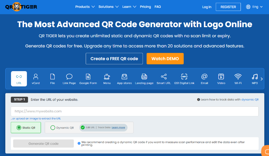 qr code tiger website interface