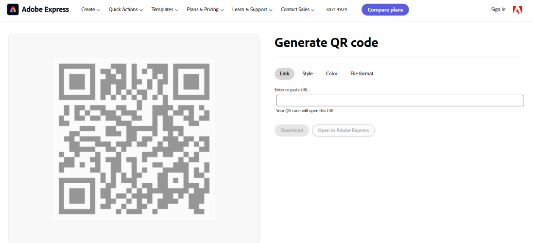 Adobe Express QR Code interface