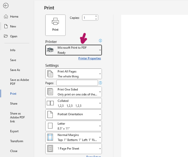 microsoft word print as pdf