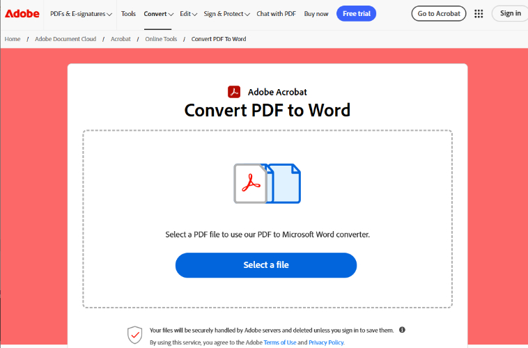 Adobe Acrobat Online 網頁進行線上pdf轉word功能