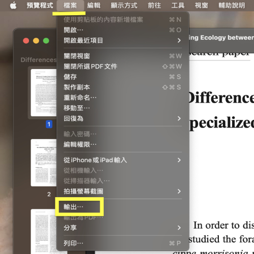預覽開啟PDF,點擊檔案中的輸出