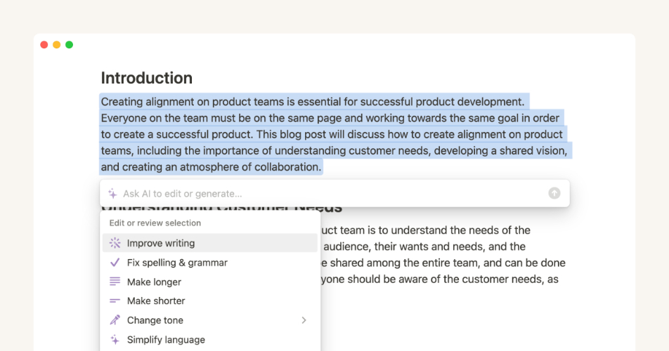 Notion AI 寫作範例