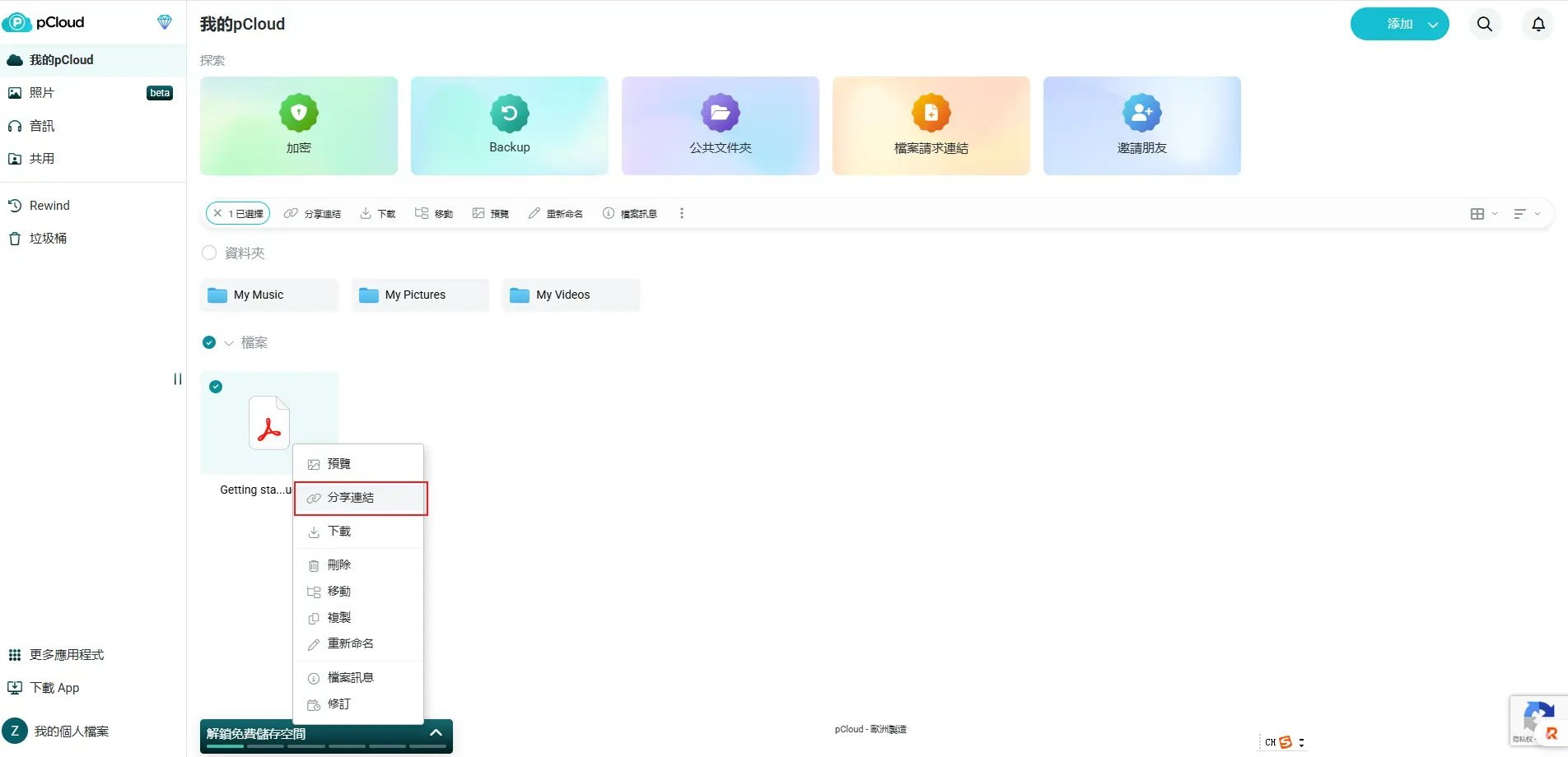 pCloud終身方案-檔案分享設定