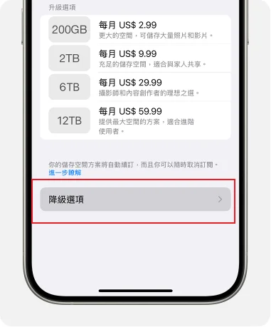 iCloud取消訂閱後降級狀態示意圖