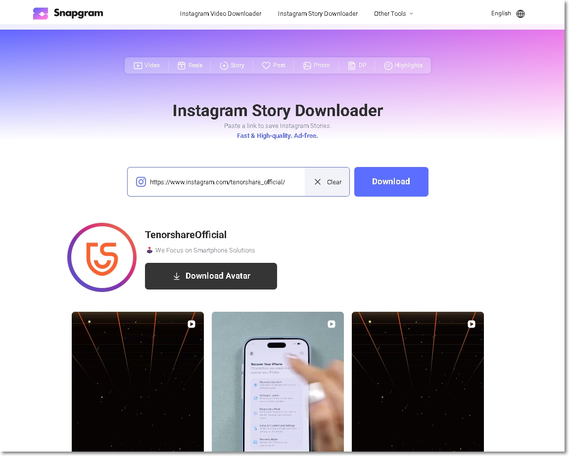 Snapgram Viewer 匿名查看 IG 限動
