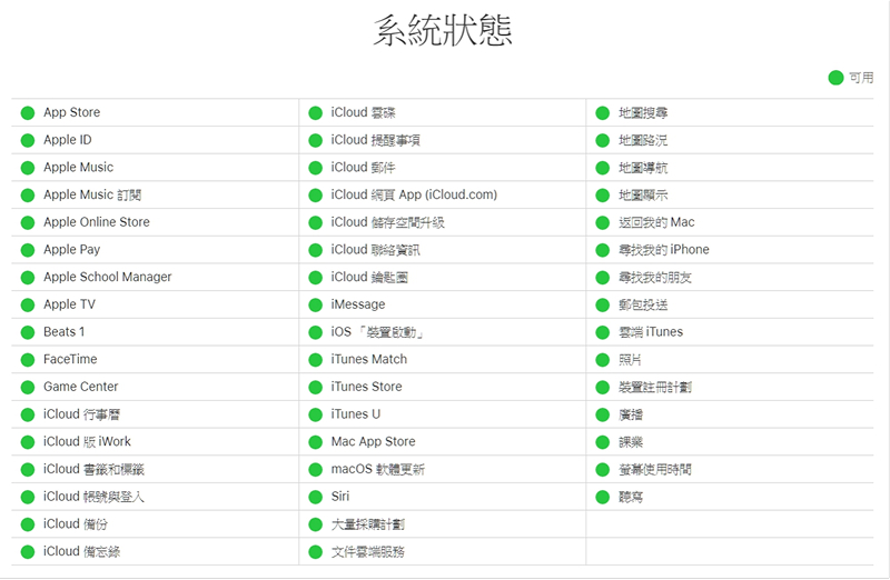 Apple官方系統狀態