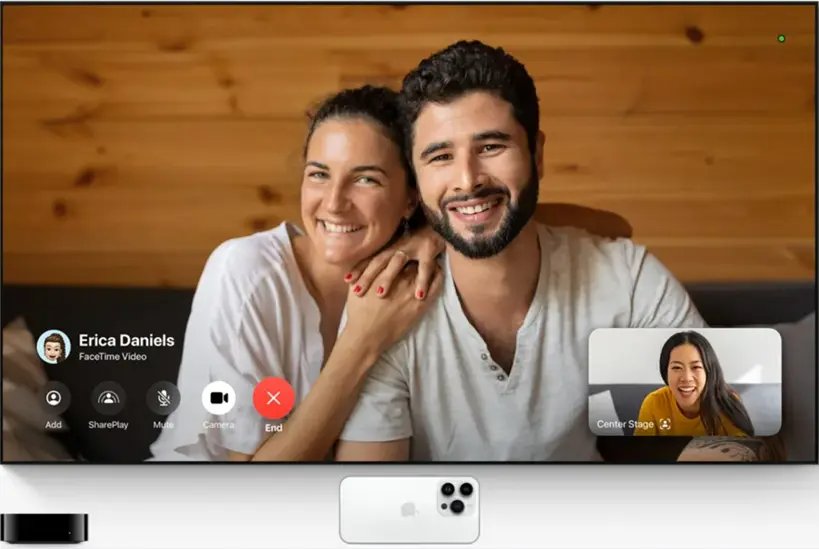 展示tvOS 26更新中個人化檔案、AirPlay升級、卡拉OK和FaceTime功能的功能截圖組合