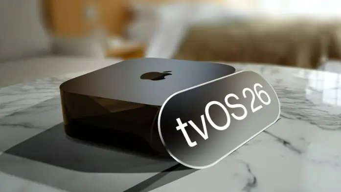 tvOS 26更新後的Apple TV主畫面,展示新的液態玻璃設計效果和重新設計的app圖示