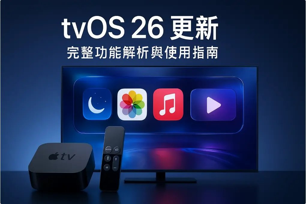 tvOS 26更新後的Apple TV主畫面，展示新的液態玻璃設計效果和重新設計的app圖示