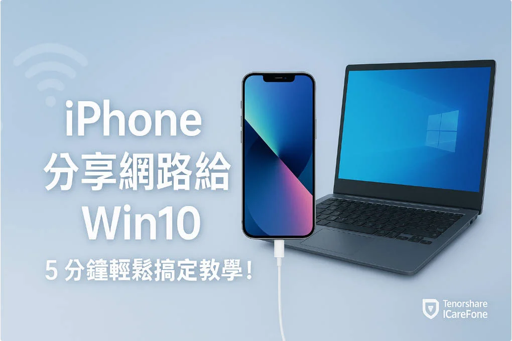 iPhone 16 透過 USB 連接 Win10 筆電,分享網路,背景有 Wi-Fi 與藍牙圖示,展示 iPhone 分享網路給電腦 Win10 與 Tenorshare iCareFone 應用。