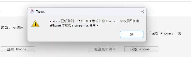 iPhone Duo 進入 DFU 模式電腦界面