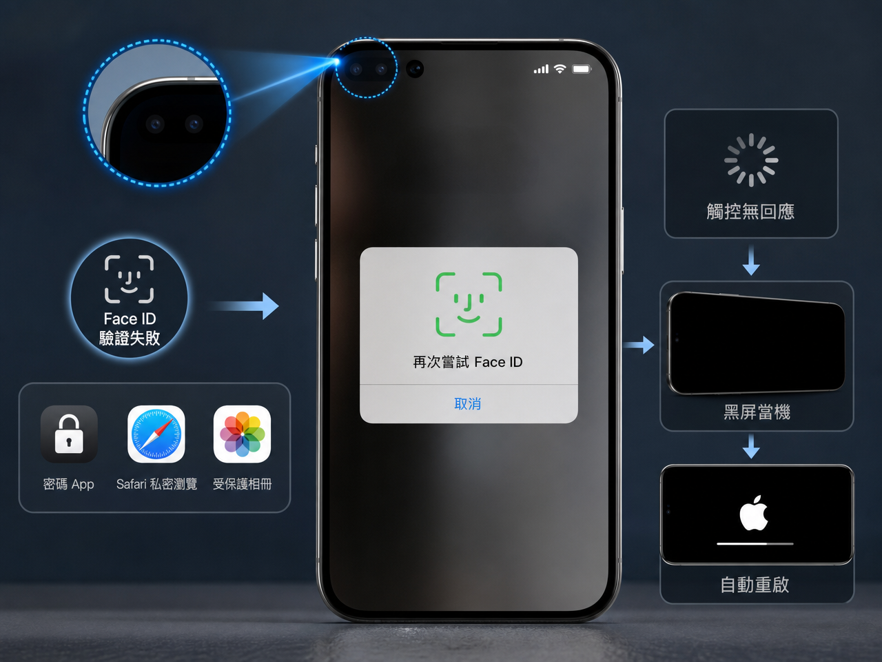 災情1：iPhone 18 Pro Face ID 識別失效，驗證失敗後當機、死機、自動重啟