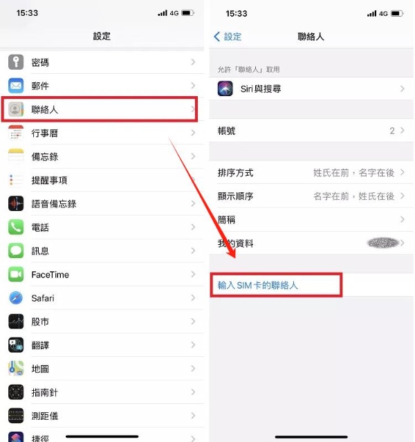 輸入SIM卡的聯絡人