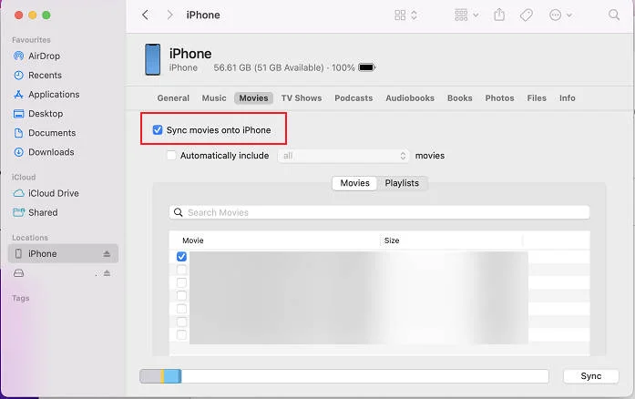 Mac Finder連接iPhone進行影片同步的設定畫面