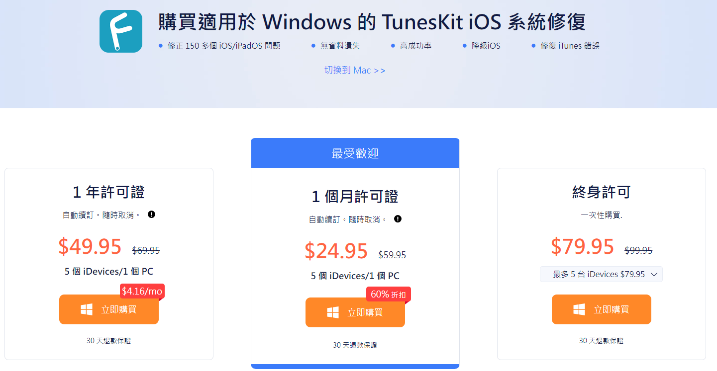 tuneskit ios system repair purchase page