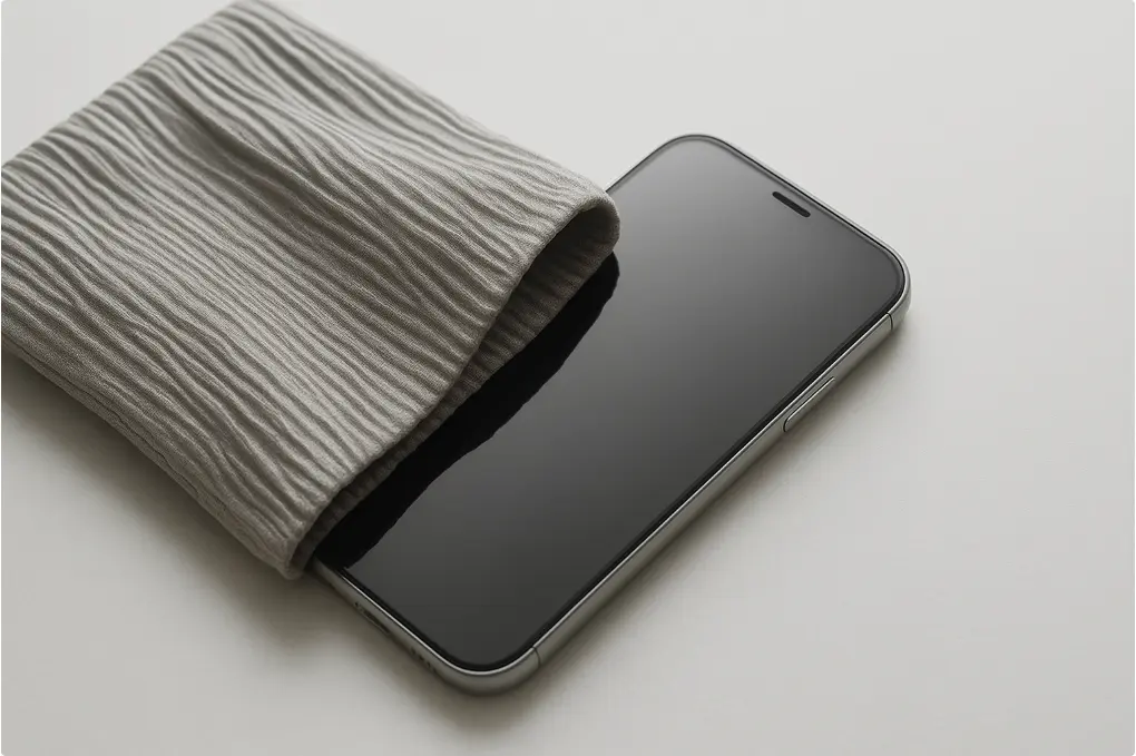 三宅一生 iPhone Pocket 布料正在擦拭 iPhone 15 的屏幕