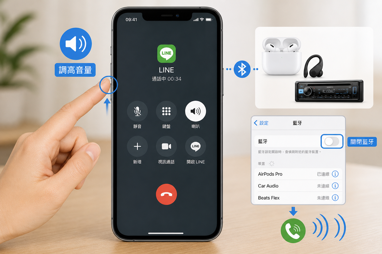iPhone LINE 通話沒聲音檢查通話音量與連接裝置