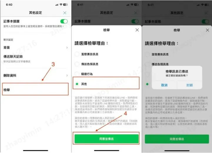 LINE檢舉操作步驟示意圖,詳細展示如何檢舉用戶和群組的完整流程