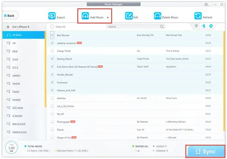 DearMob 軟體介面：拖拉音樂檔案到 iPhone