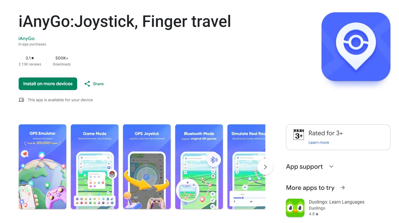 iAnyGo 手機版 App 畫面，不需電腦即可選擇地點、設定移動模式並查看冷卻倒數
