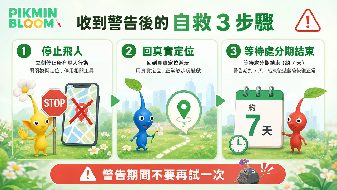 皮克敏收到警告後的自救三步驟：停止飛人、回到真實定位遊玩、等待約 7 天處分期結束