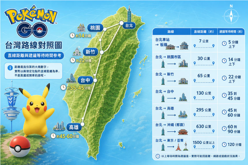 台灣主要城市間的 Pokémon GO 冷卻時間參考，台北到台中約 35 到 45 分鐘