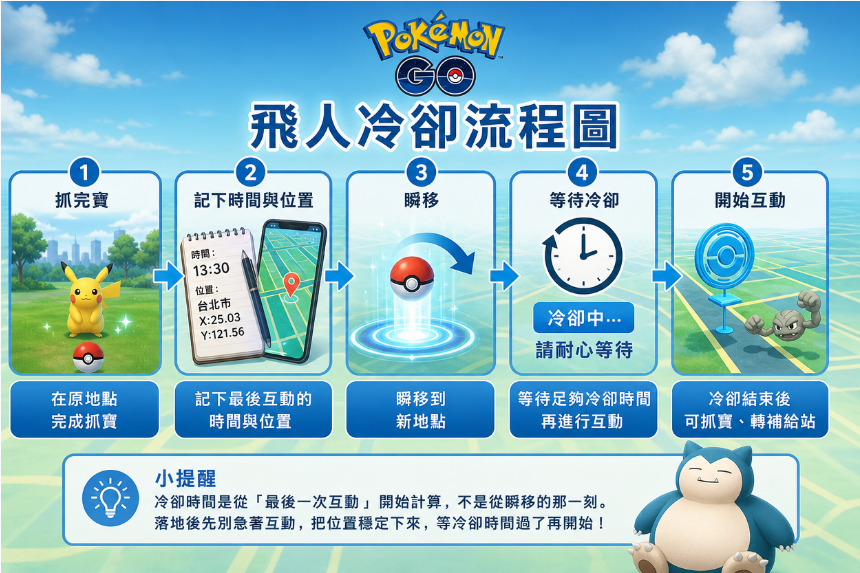 飛人冷卻時間操作流程圖，瞬移後先等待冷卻結束再開始抓寶和轉補給站