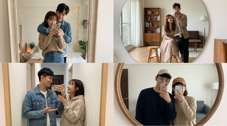 對鏡子拍照情侶合照