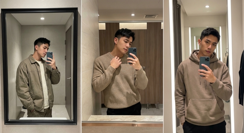 對鏡子拍照半身男