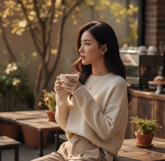 自然拍照姿勢女生假裝喝咖啡示意