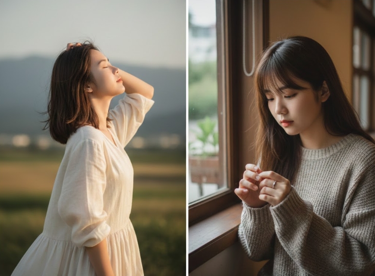 自然拍照姿勢女生低頭玩弄手指示意