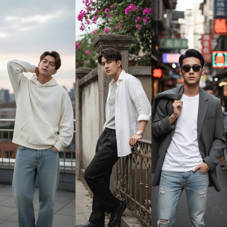 站著拍照姿勢男生單手插口袋示意