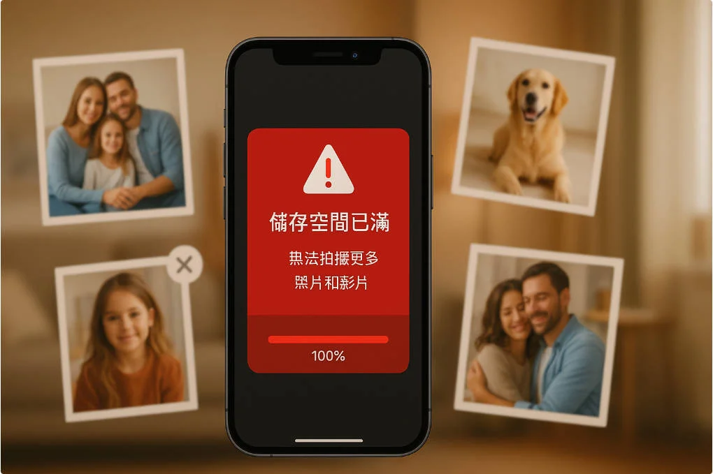 iPhone顯示儲存空間已滿警告畫面,周圍散落家庭照片,展現使用者面臨的照片備份痛點問題
