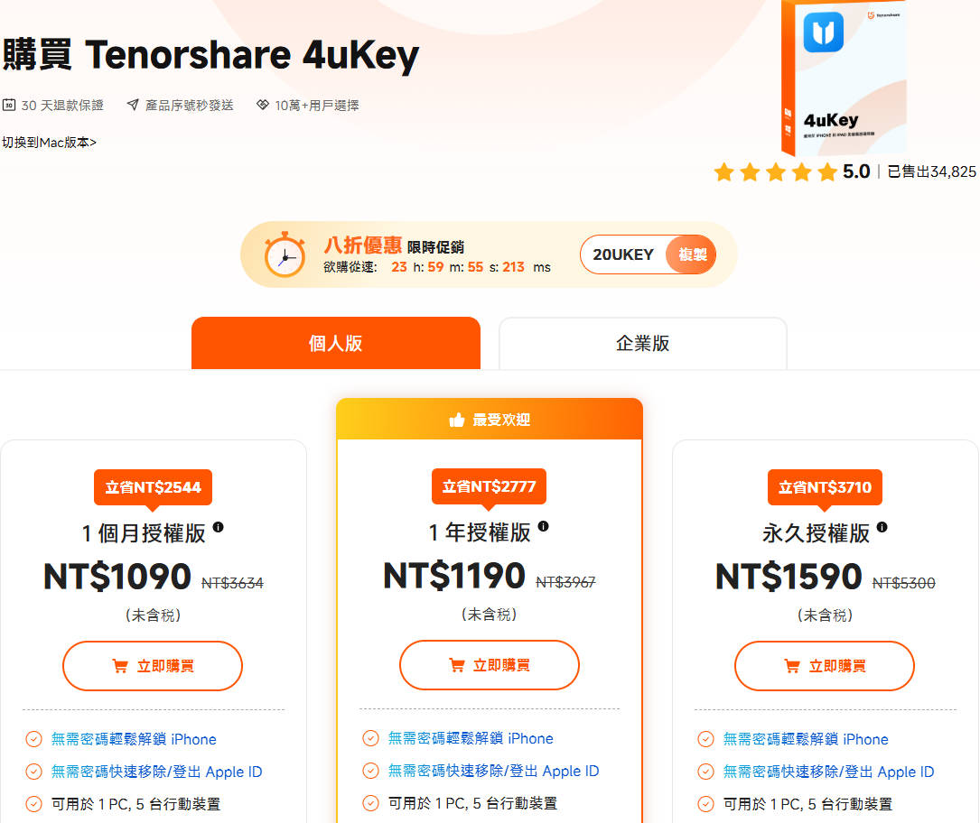 Tenorshare 4uKey 優惠碼折扣方案示意圖