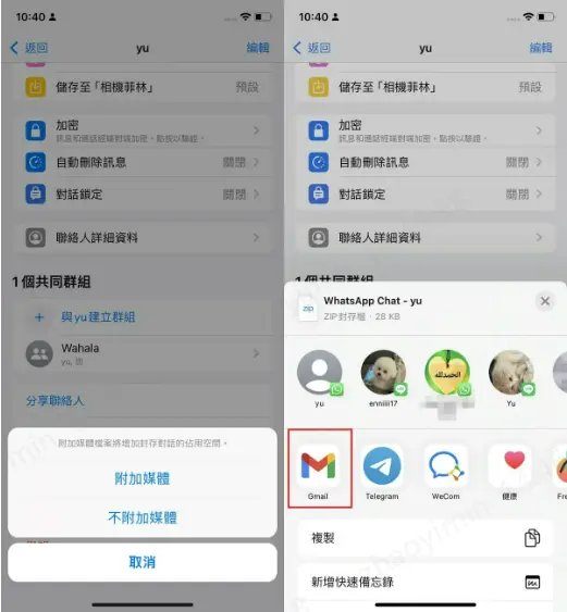 iPhone WhatsApp 匯出聊天記錄的後續操作示意圖